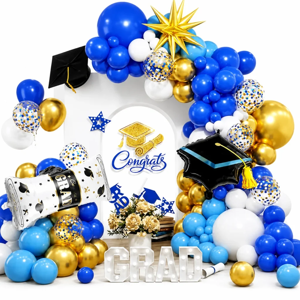 Blue Gold Graduation Balloon Arch Backdrop Kit wholesale party balloon image 1