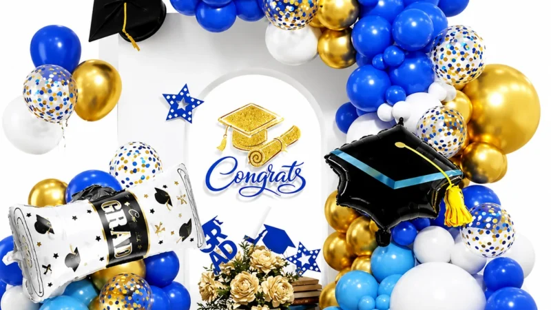 Blue Gold Graduation Balloon Arch Backdrop Kit wholesale party balloon image 1