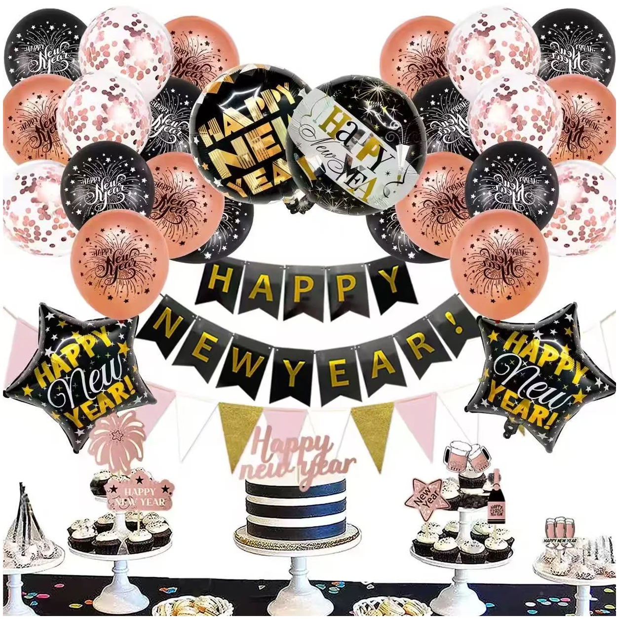 New Year Black Gold Balloon Decoration Set